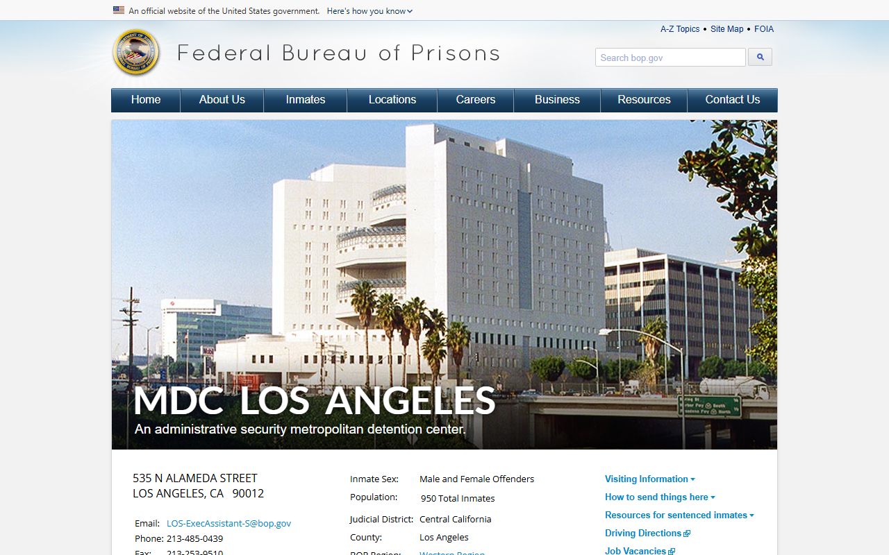 Metropolitan Detention Center Los Angeles BOP facility page