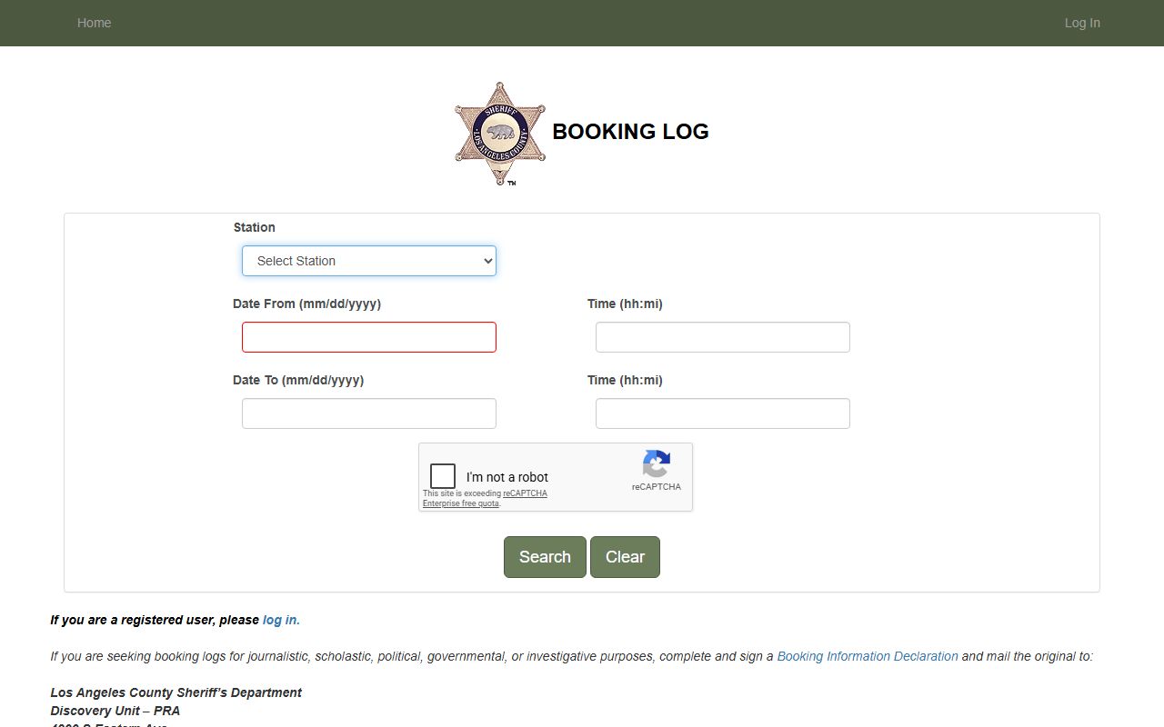 Los Angeles County inmate records LASD Booking Log recent booking search