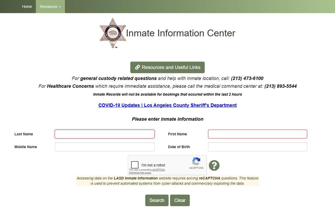 Los Angeles County inmate population LASD Inmate Information Center search form
