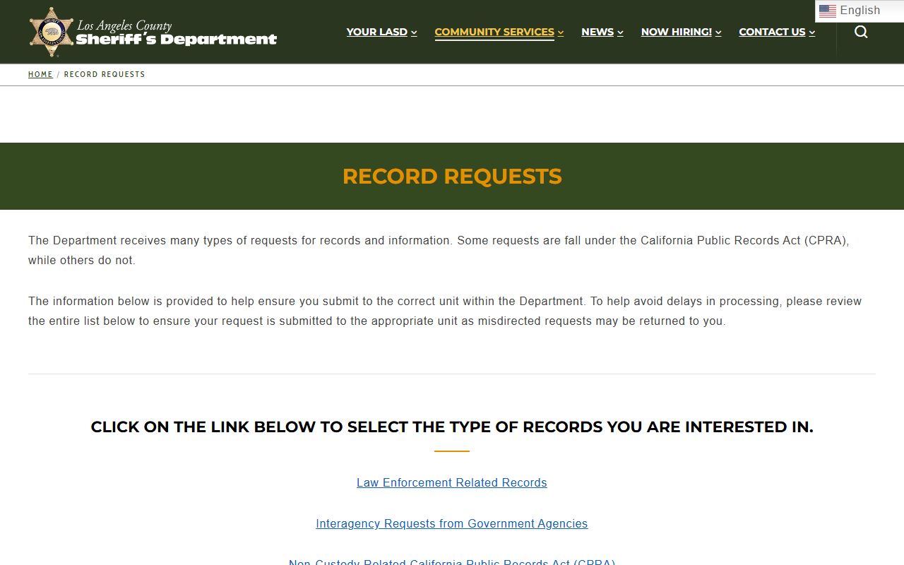 Los Angeles County booking photo record request routing page